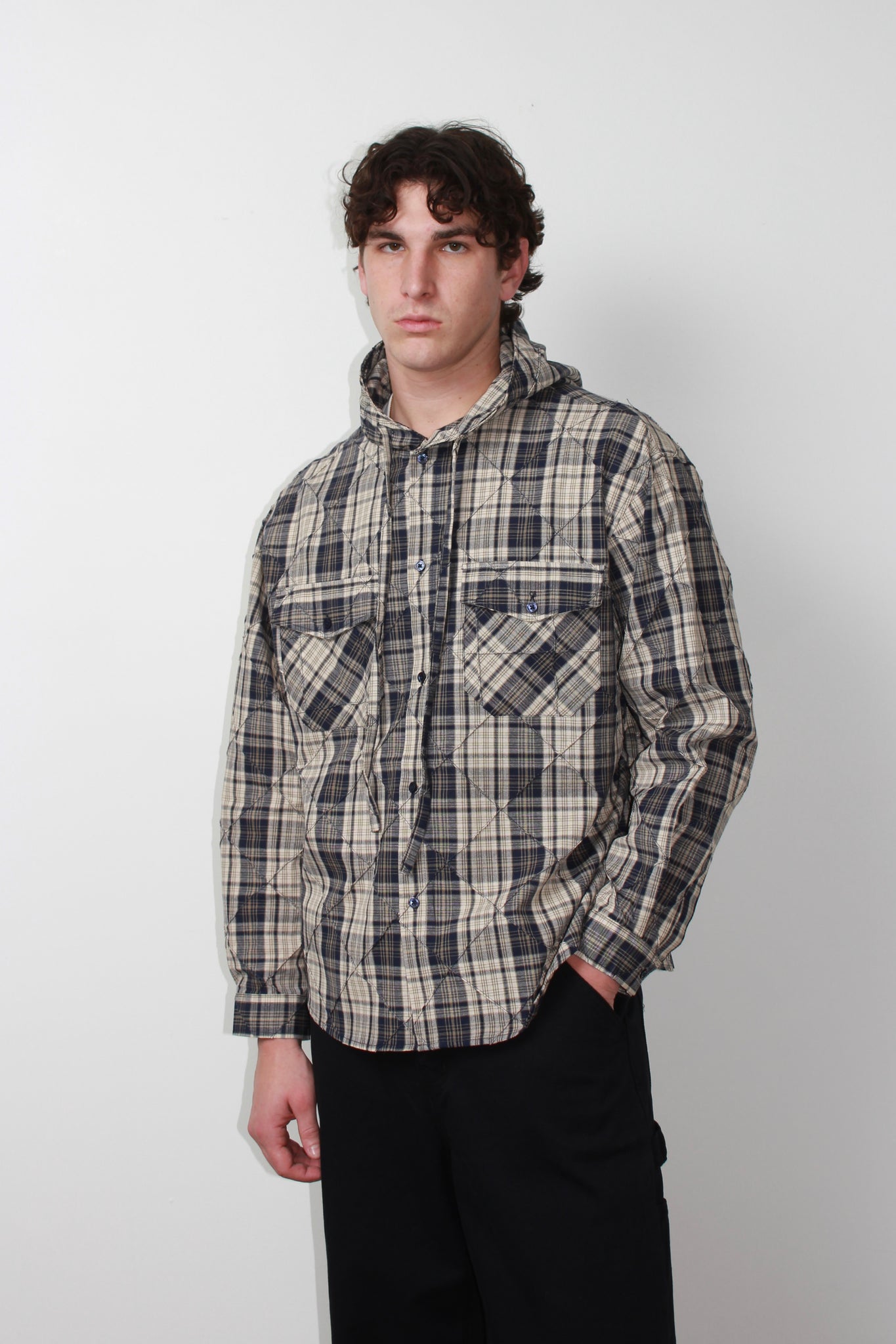 Nomade Plaid Hooded Shirts in Navy