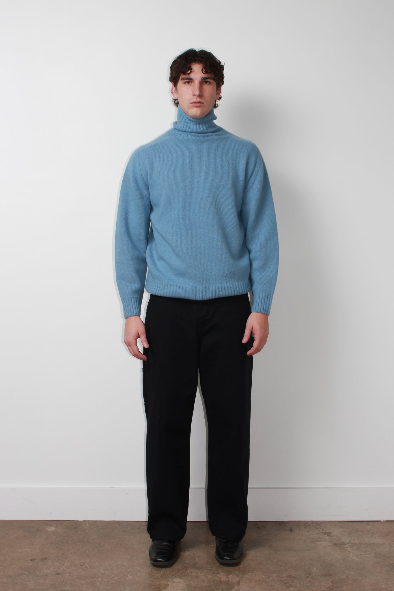 Whole garment Fine wool Turtleneck Sweater in Light Blue