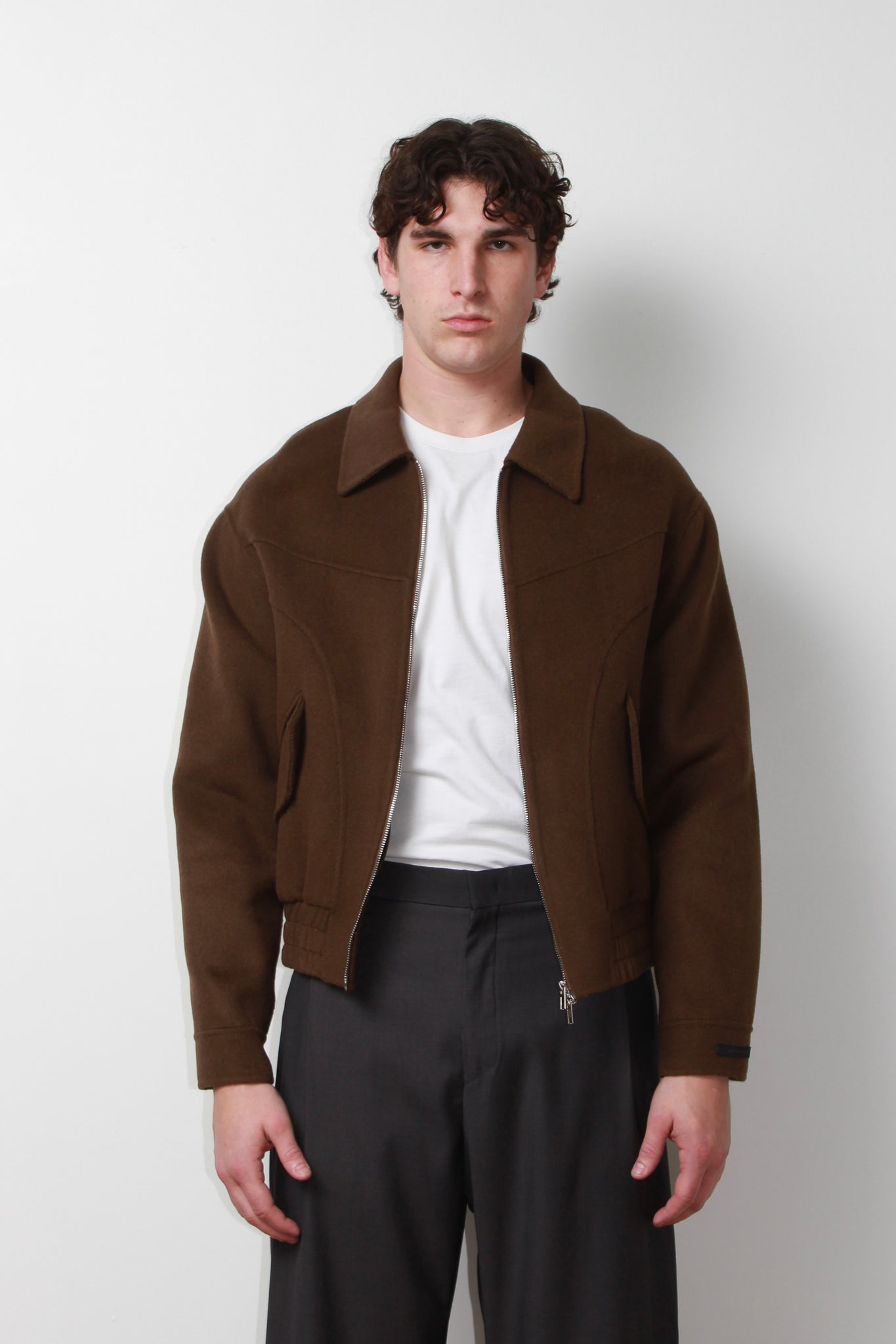 Curved Wool Bomber Jacket in Brown