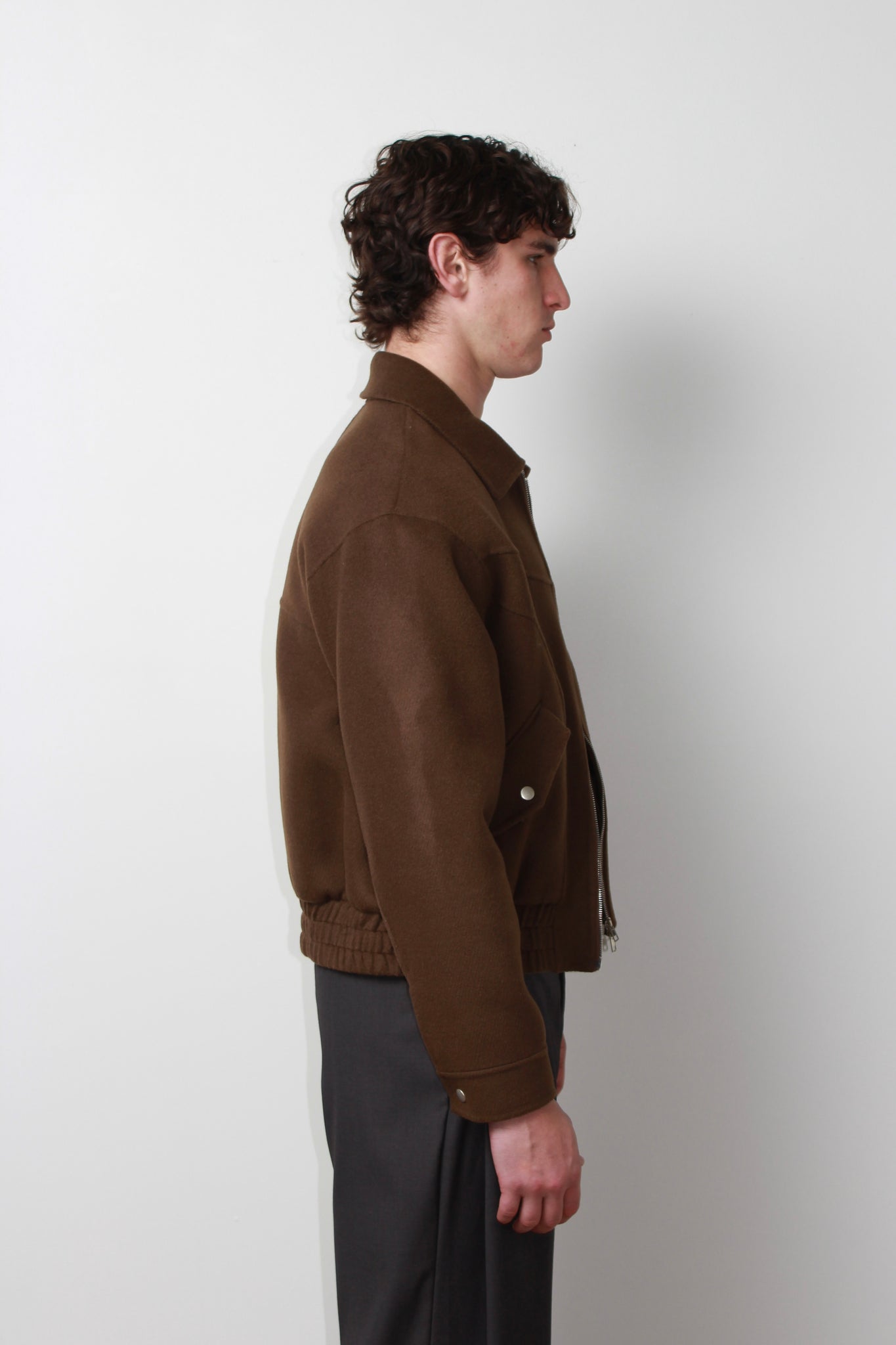 Curved Wool Bomber Jacket in Brown