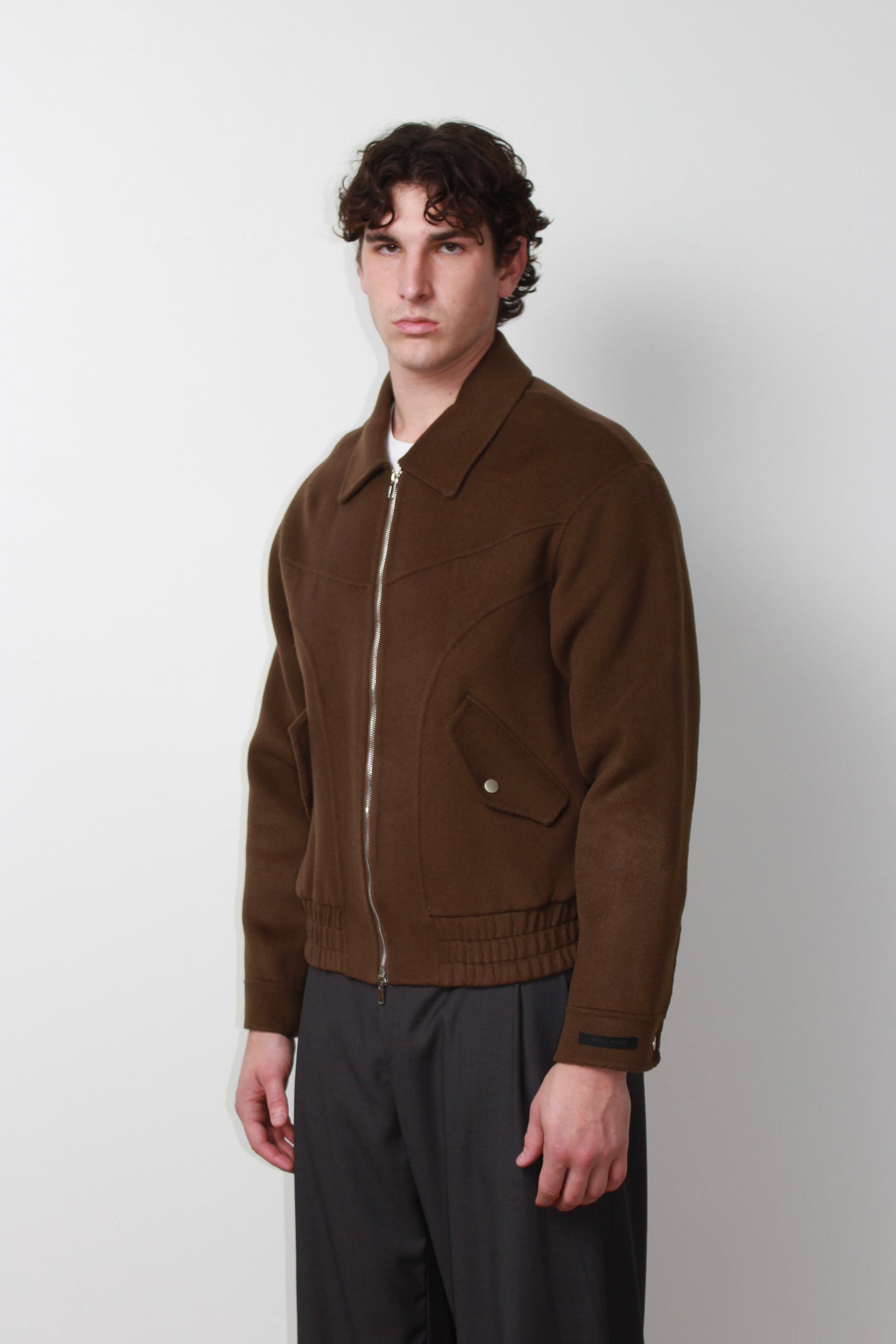 Curved Wool Bomber Jacket in Brown