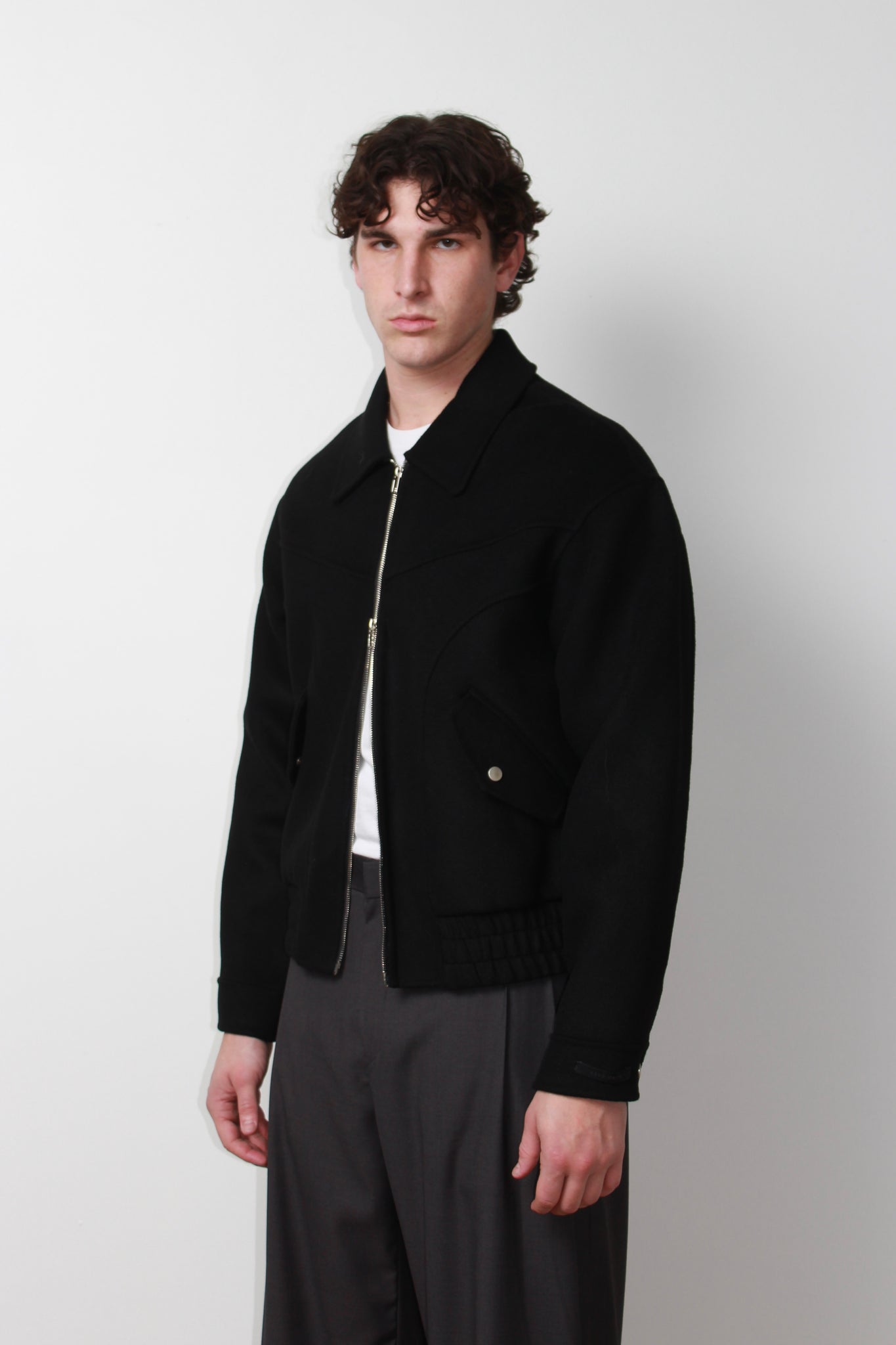 Curved Wool Bomber Jacket in Black