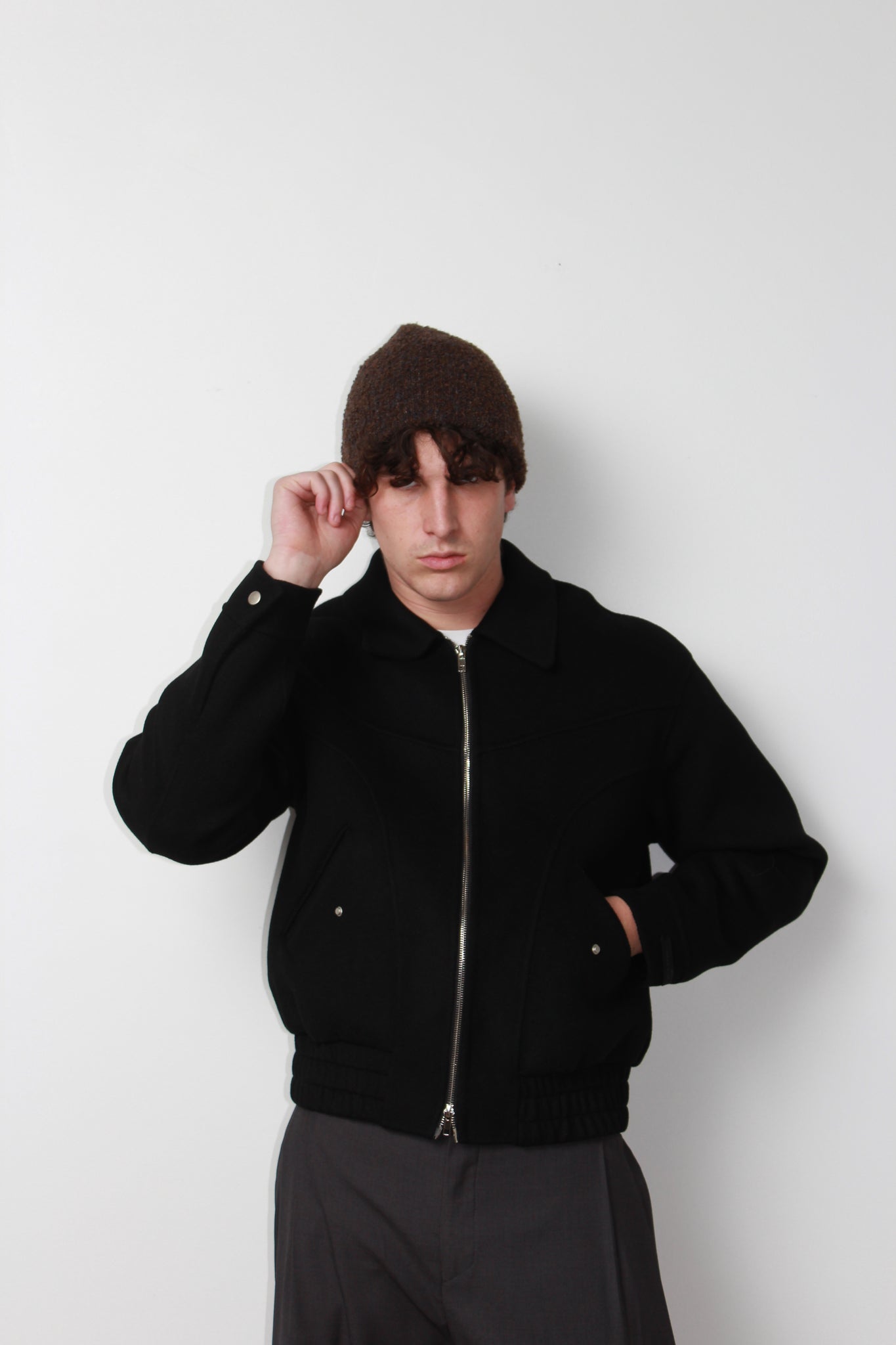 Curved Wool Bomber Jacket in Black