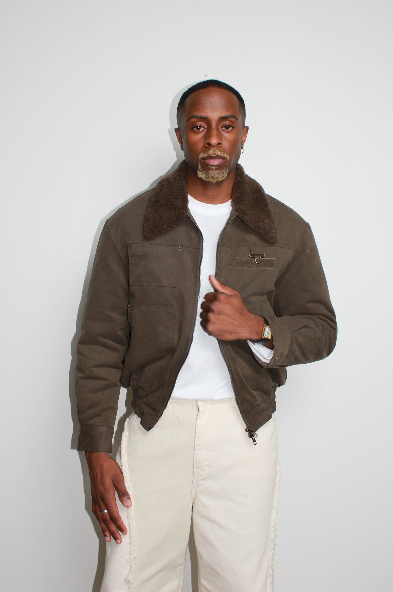 Shearling Collar Panel Work Jacket in Olive Brown