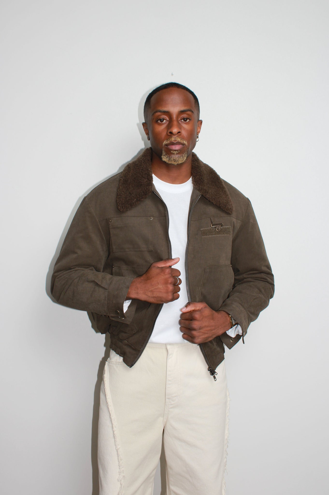 Shearling Collar Panel Work Jacket in Olive Brown