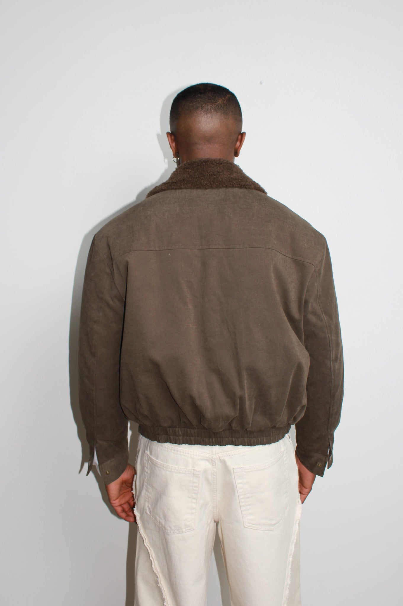 Shearling Collar Panel Work Jacket in Olive Brown