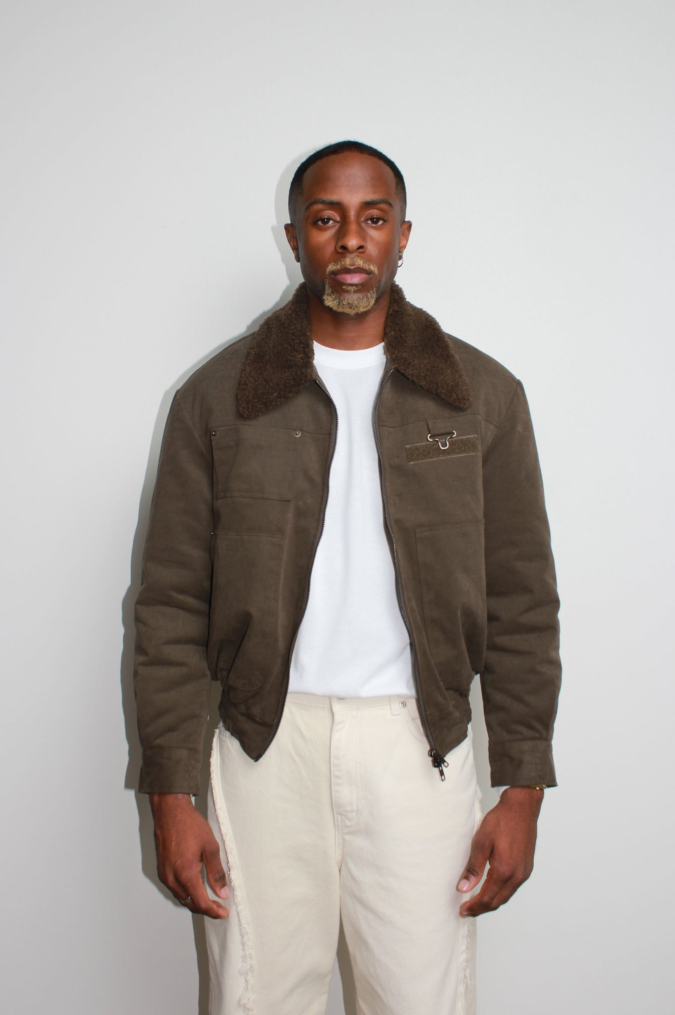 Shearling Collar Panel Work Jacket in Olive Brown