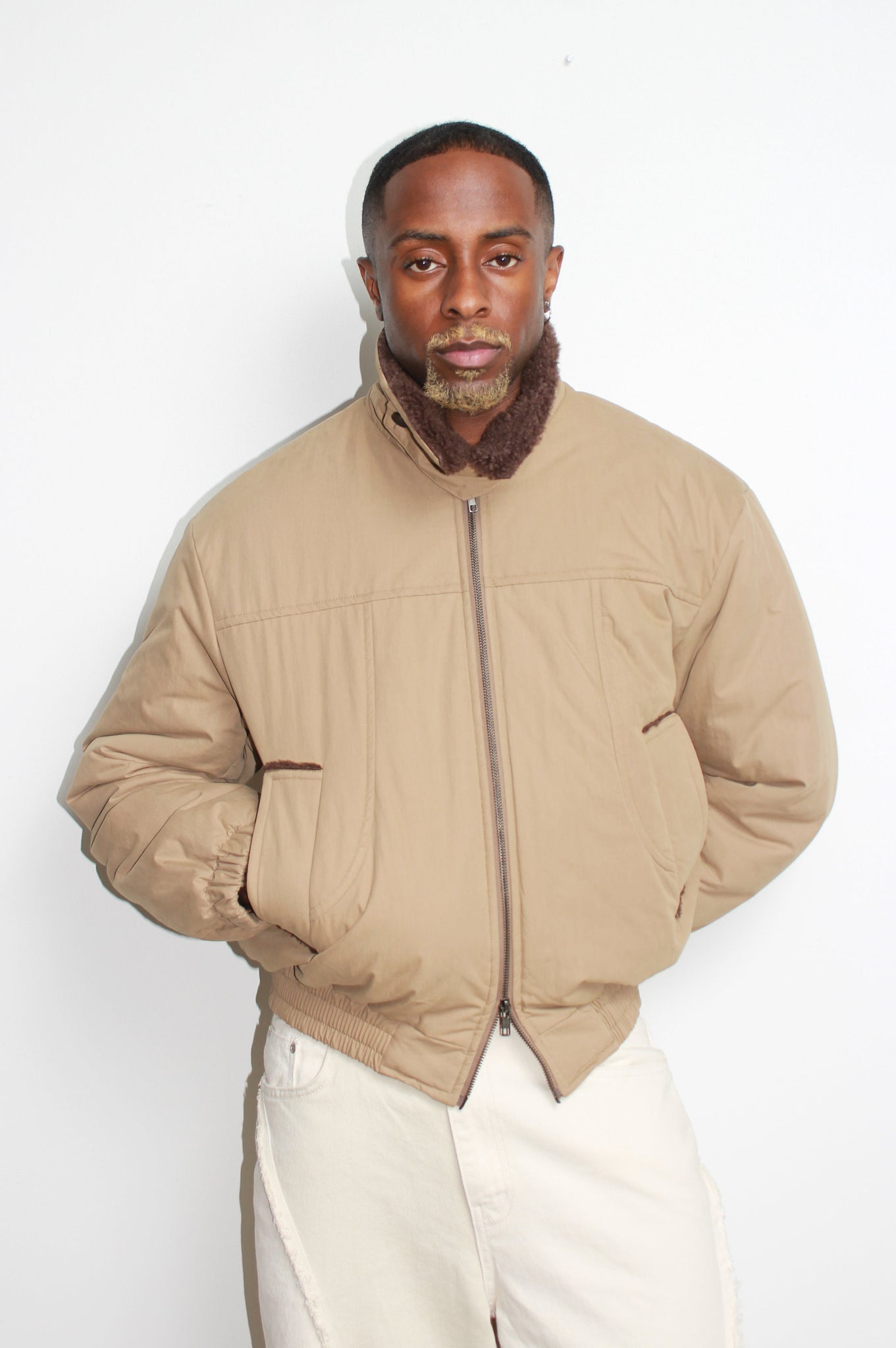 Shearling Collar Padded Deck Jacket in Khaki