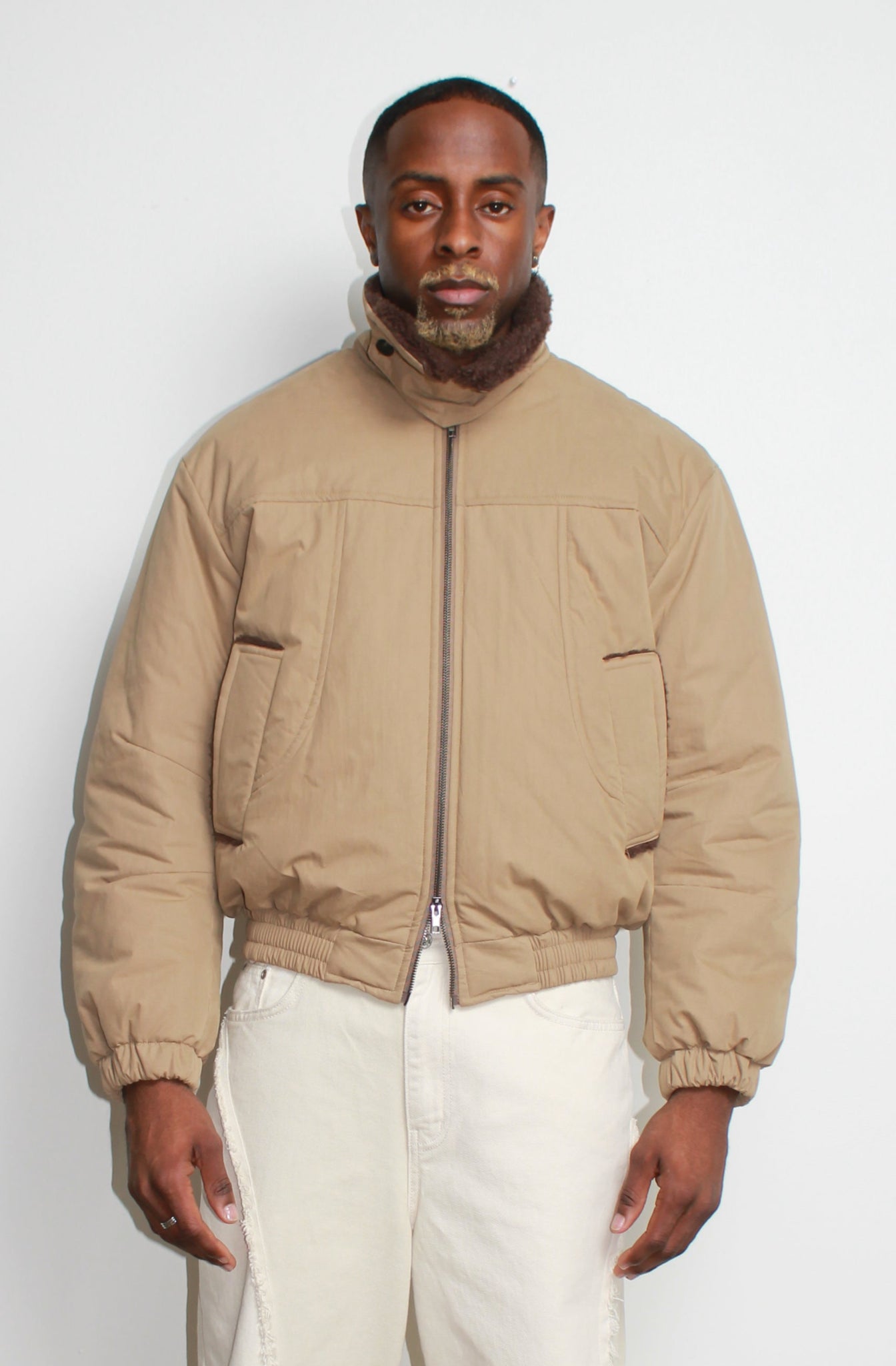 Shearling Collar Padded Deck Jacket in Khaki