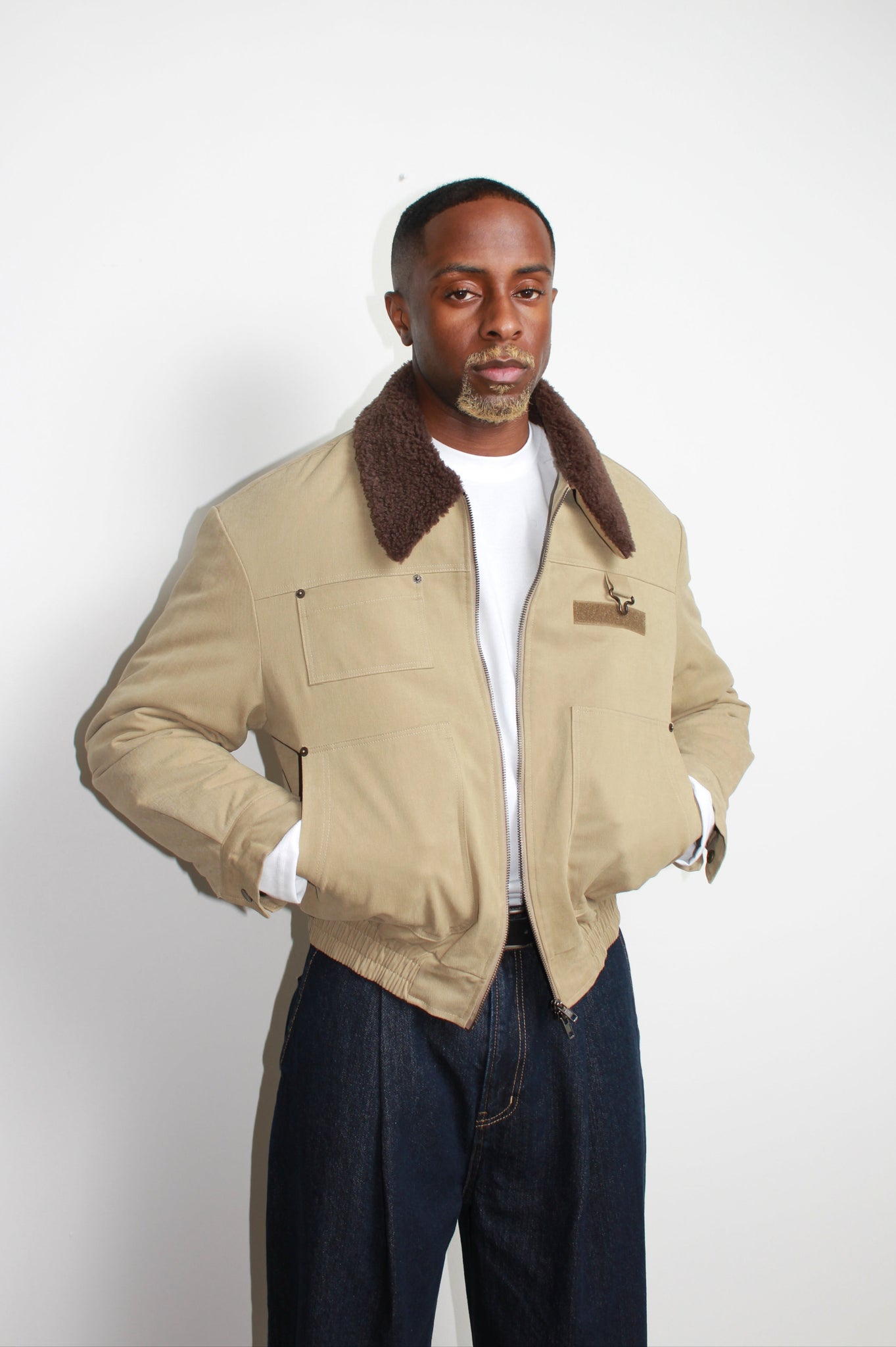 Shearling Collar Panel Work Jacket in Khaki