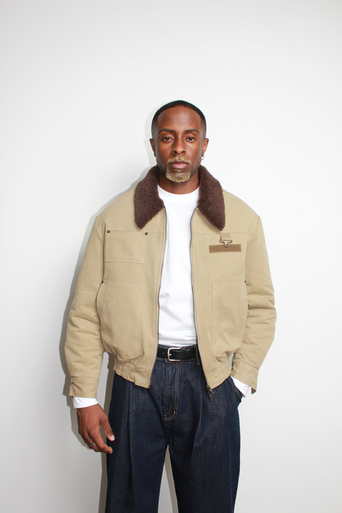 Shearling Collar Panel Work Jacket in Khaki