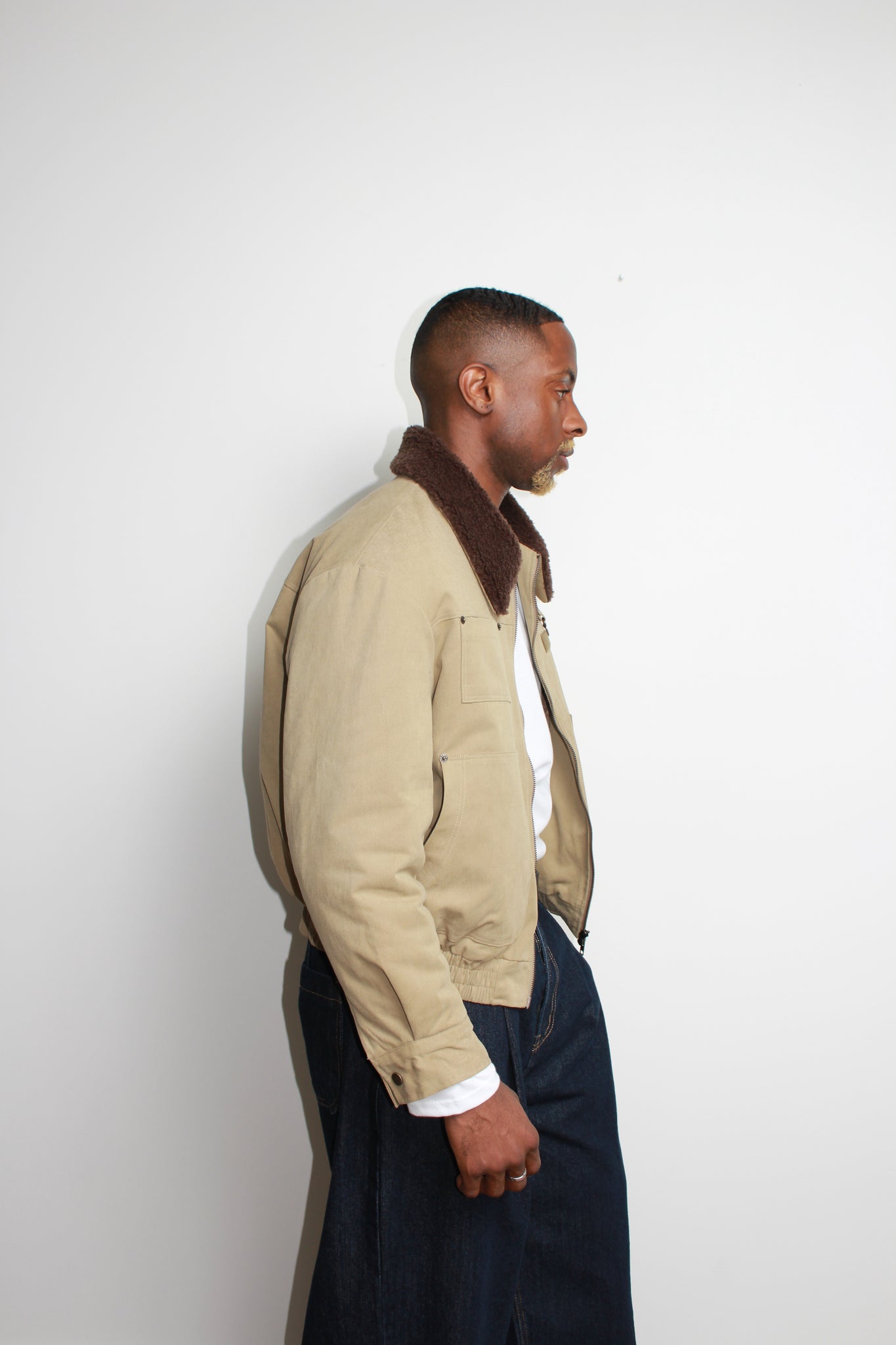 Shearling Collar Panel Work Jacket in Khaki