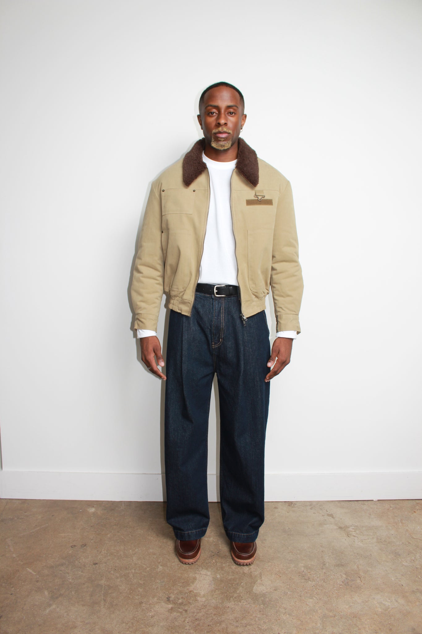 Shearling Collar Panel Work Jacket in Khaki