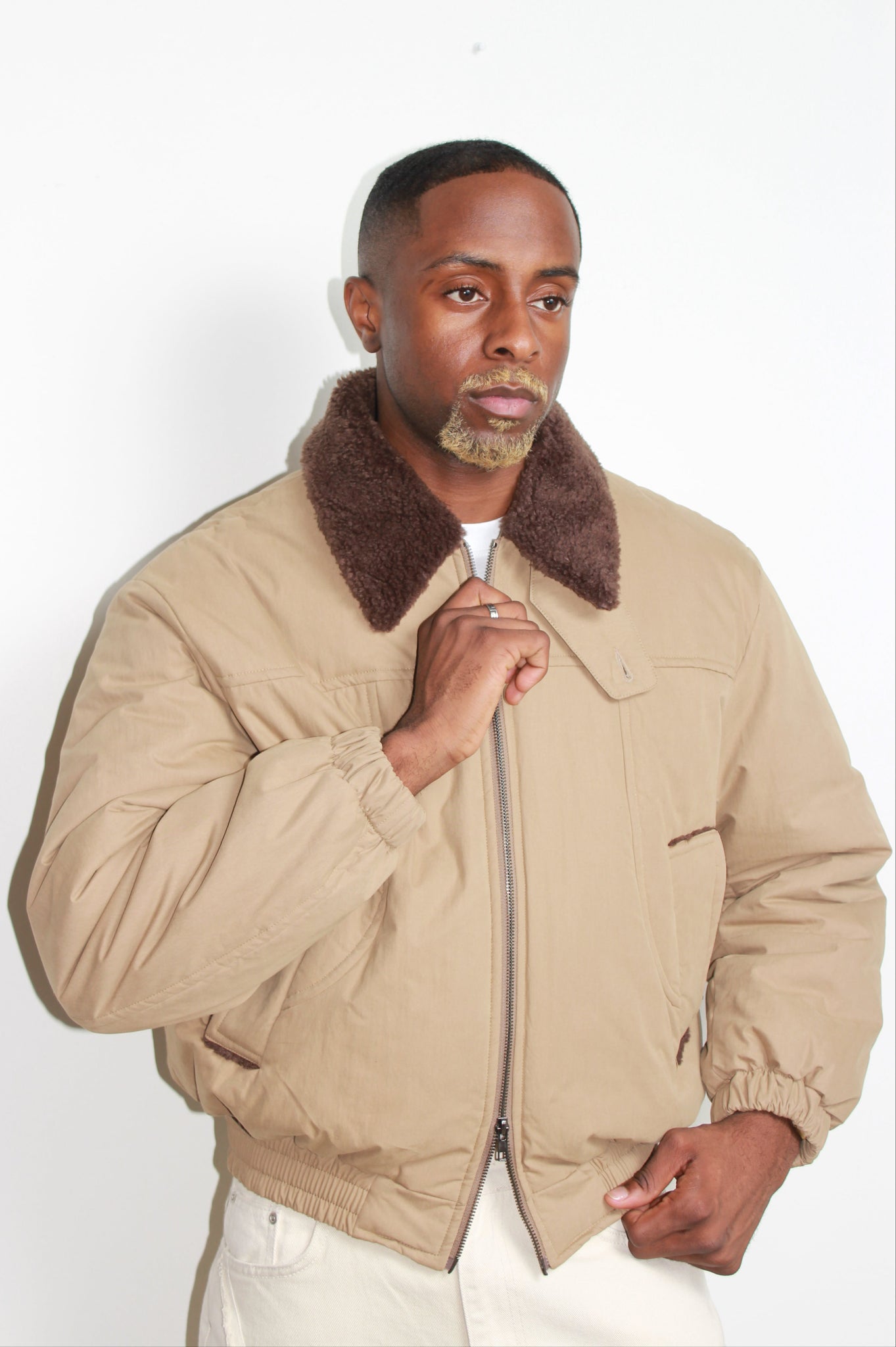 Shearling Collar Padded Deck Jacket in Khaki