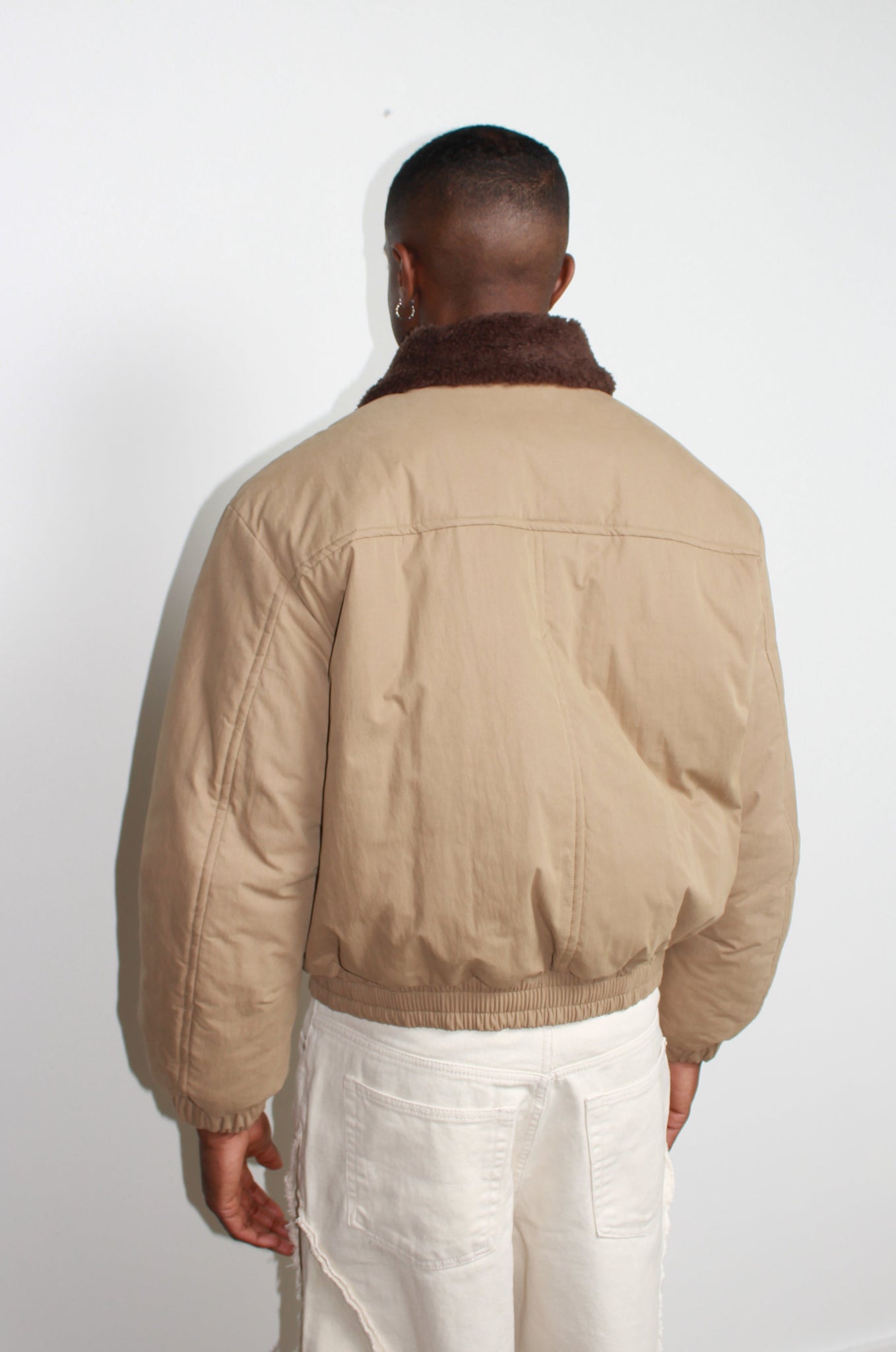 Shearling Collar Padded Deck Jacket in Khaki