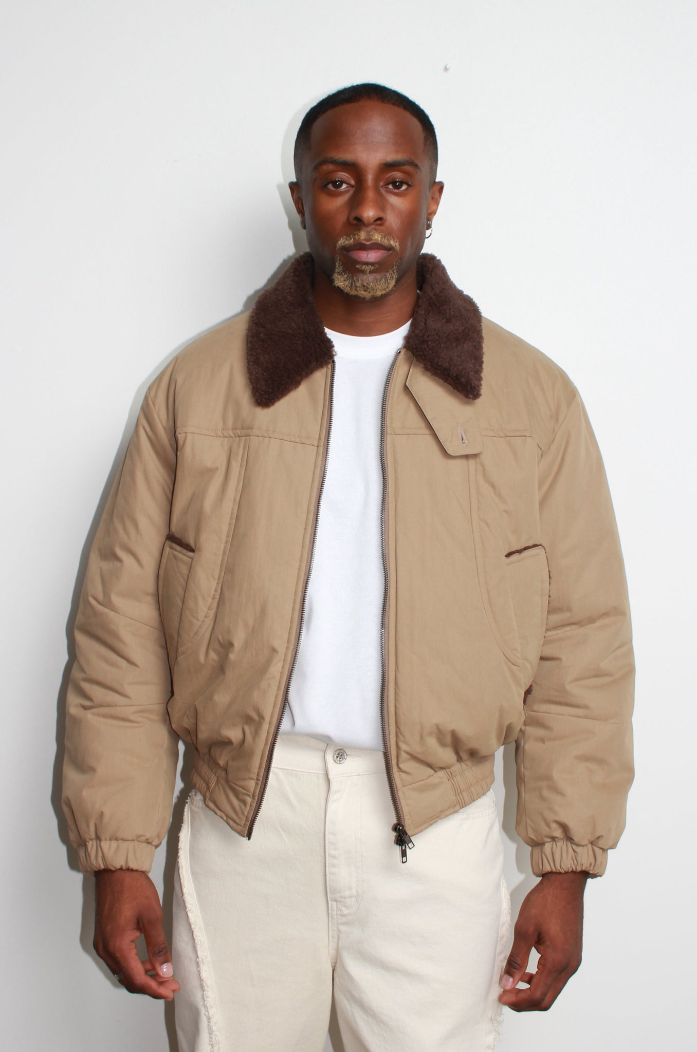 Shearling Collar Padded Deck Jacket in Khaki