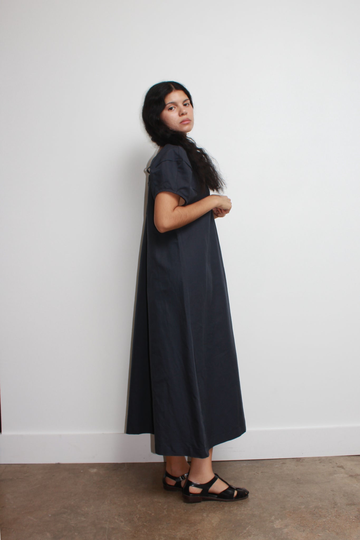 Cap Ballon Sleeve Dress in Navy