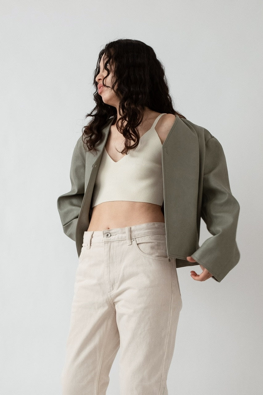 Collarless Vegan Leather Jacket in Mint