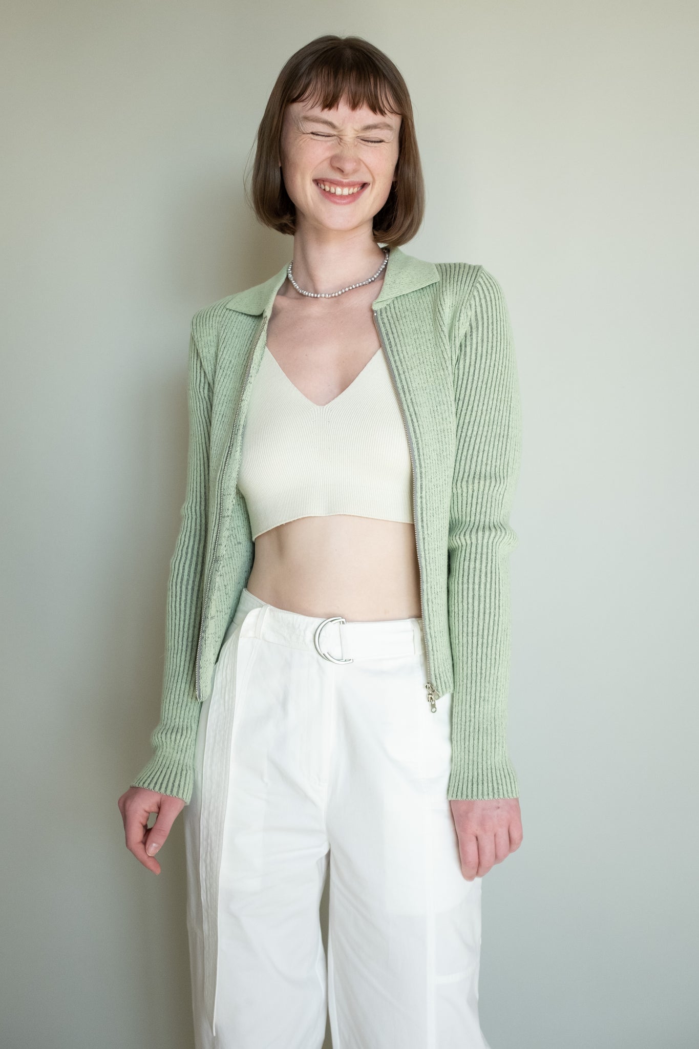 Two tone Zip up Cardigan in Beige