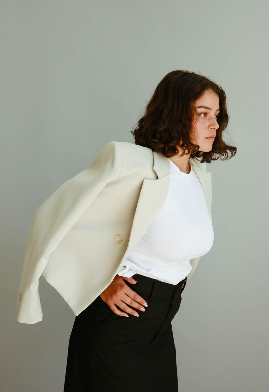 Hidden Button Crop Jacket - Gray Beige