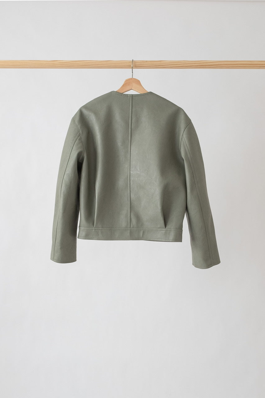 Collarless Vegan Leather Jacket in Mint