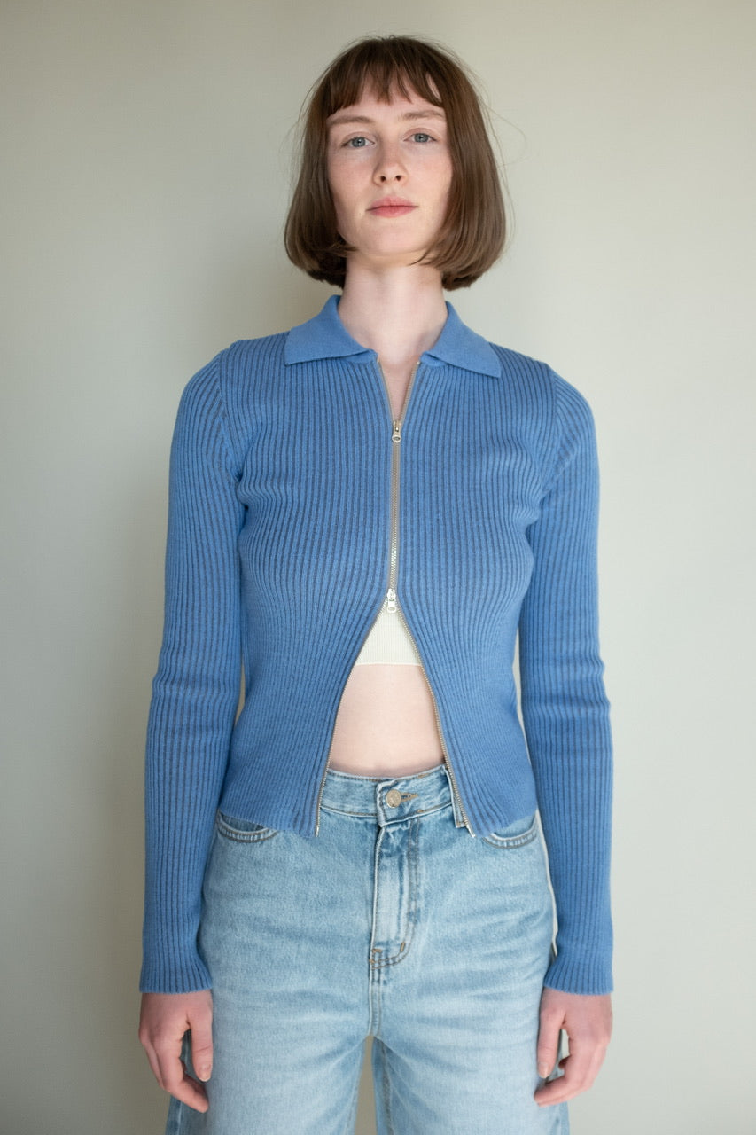 Two tone Zip up Cardigan in Blue
