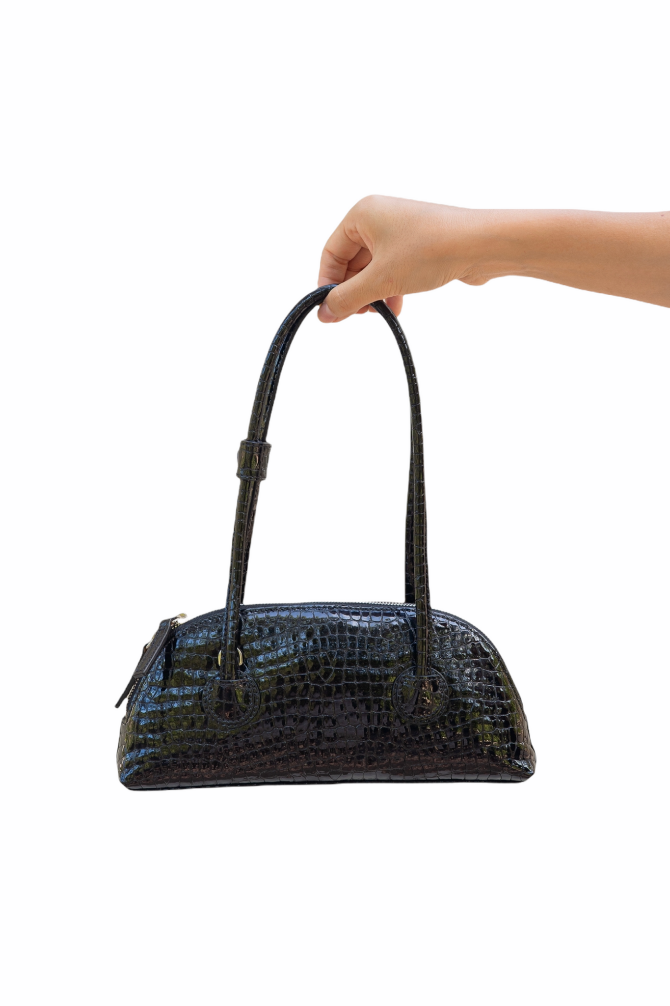 BESSETTE BAG W/ CROSS STRAP IN BLACK SHINY CROCO BY MARGESHERWOOD